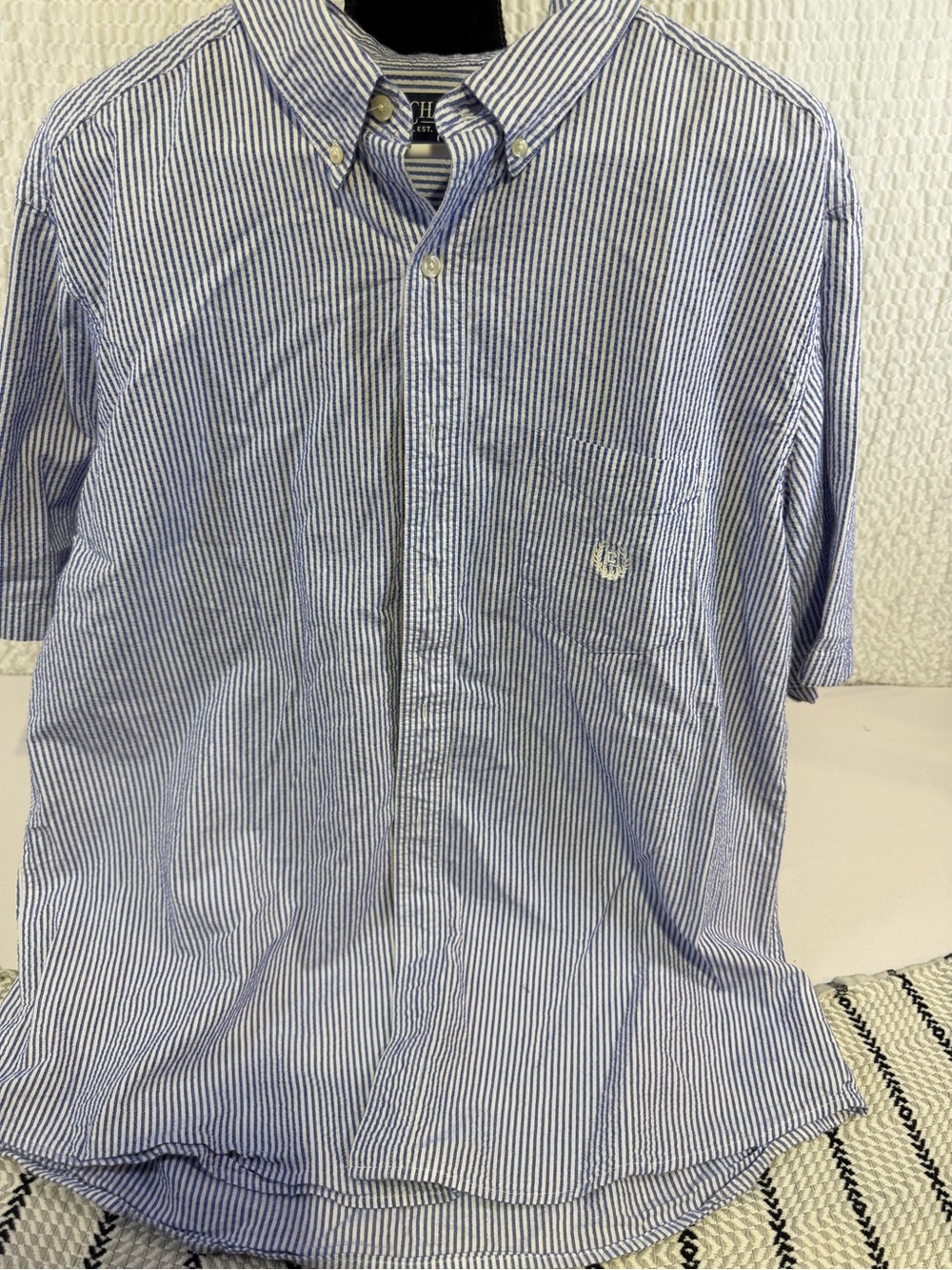 Chaps Blue and White Striped Short-Sleeve Button-Down Shirt